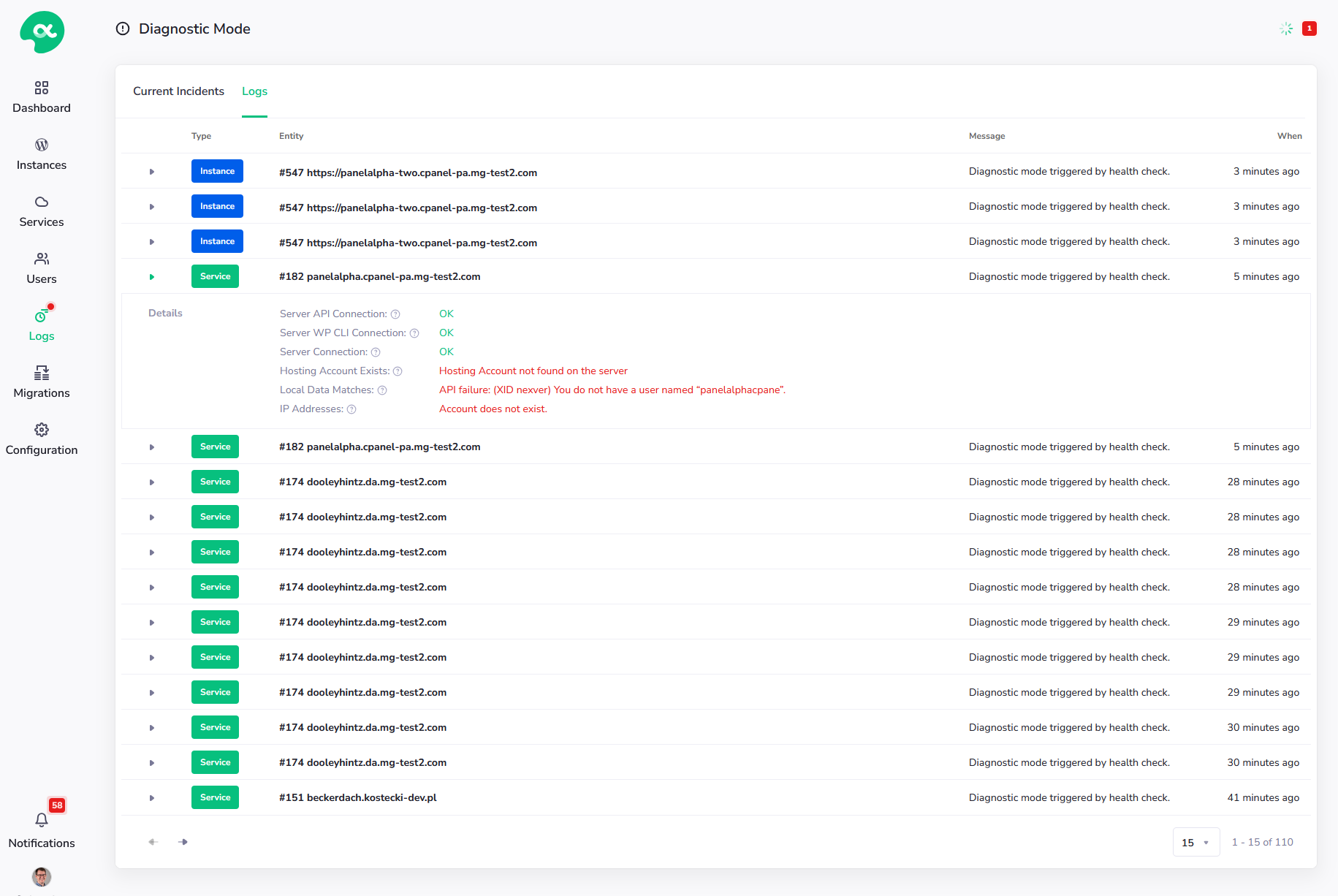 Diagnostic Mode: Logs Section - PanelAlpha Documentation